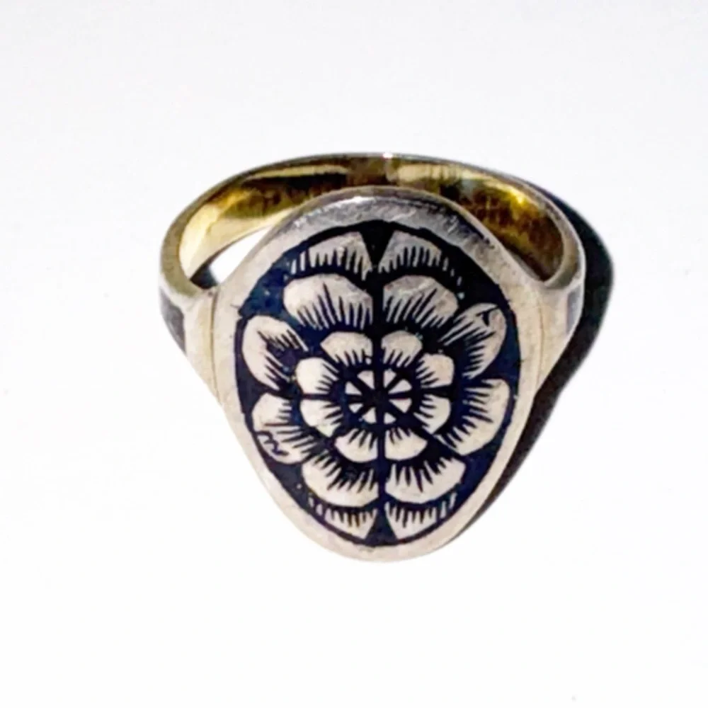 Russia Soviet Era Vintage 1950-60s 875 Silver Niello Ring Black Floral Sz 7